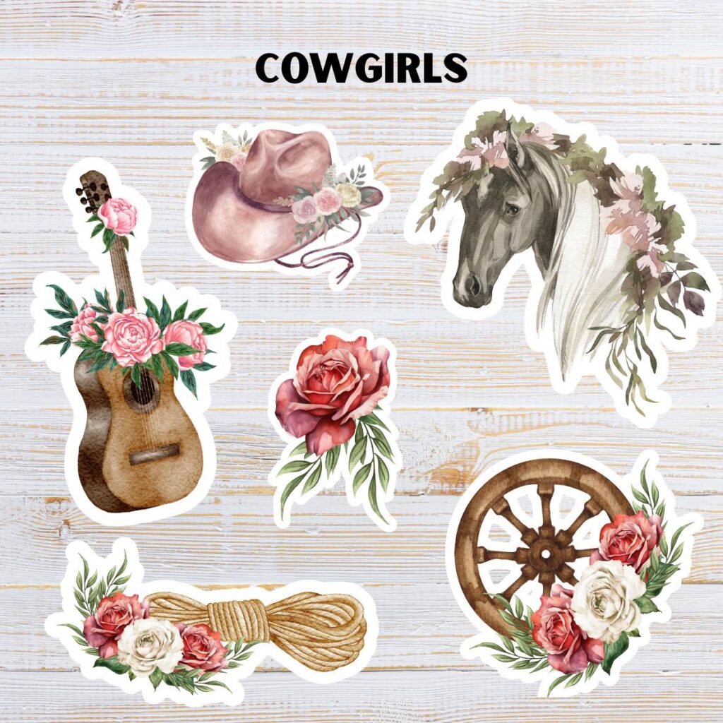 Stickers Cowgirl in vinile impermeabile – Set artigianale da 5 fogli 10x10 cm