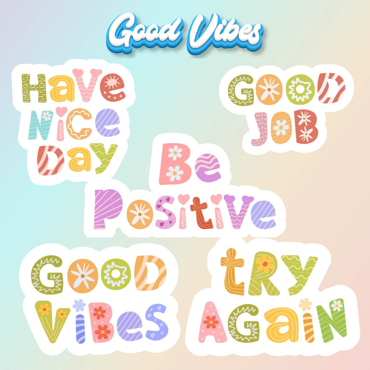 Sticker Good Vibes – Set artigianale da 4 fogli 10x10 cm